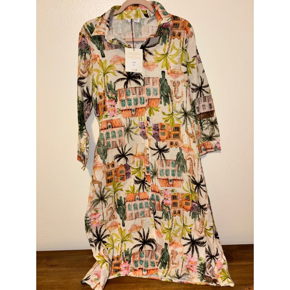 Spigue Di Lino Italian Linen‑Blend Dress Made in Italy Tropical Print XL NWT - Picture 3 of 9